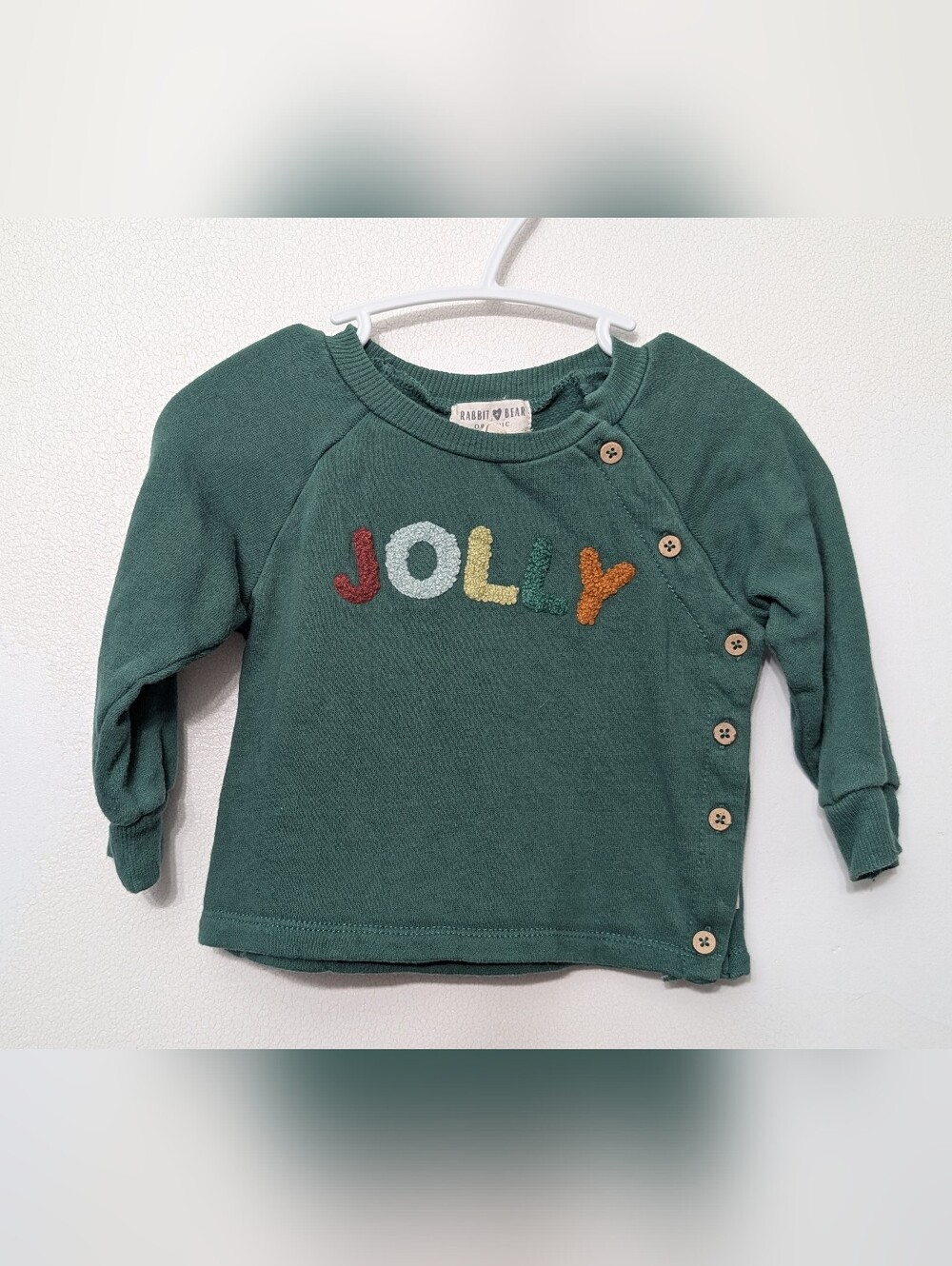 Rabbit + Bear Organic Green "Jolly" Embroidered Kids Sweatshirt 12 M